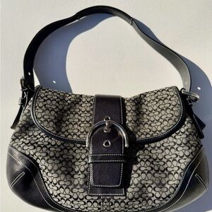 Vintage COACH F06808 Soho Black Leather Signature C Monogram Canvas Shoulder Ba